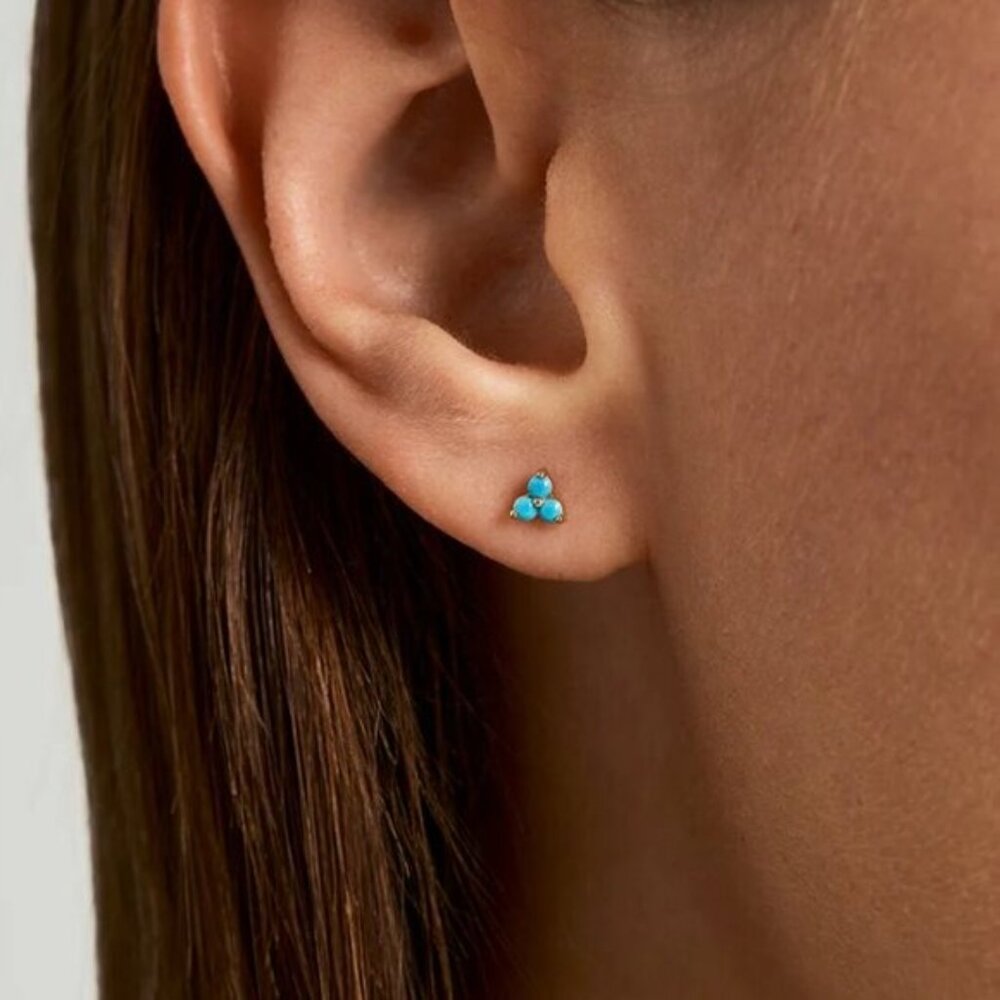 Turquoise Trio Stud Earrings December Birthstone Gold Cluster Dainty Studs - Picture 4 of 15